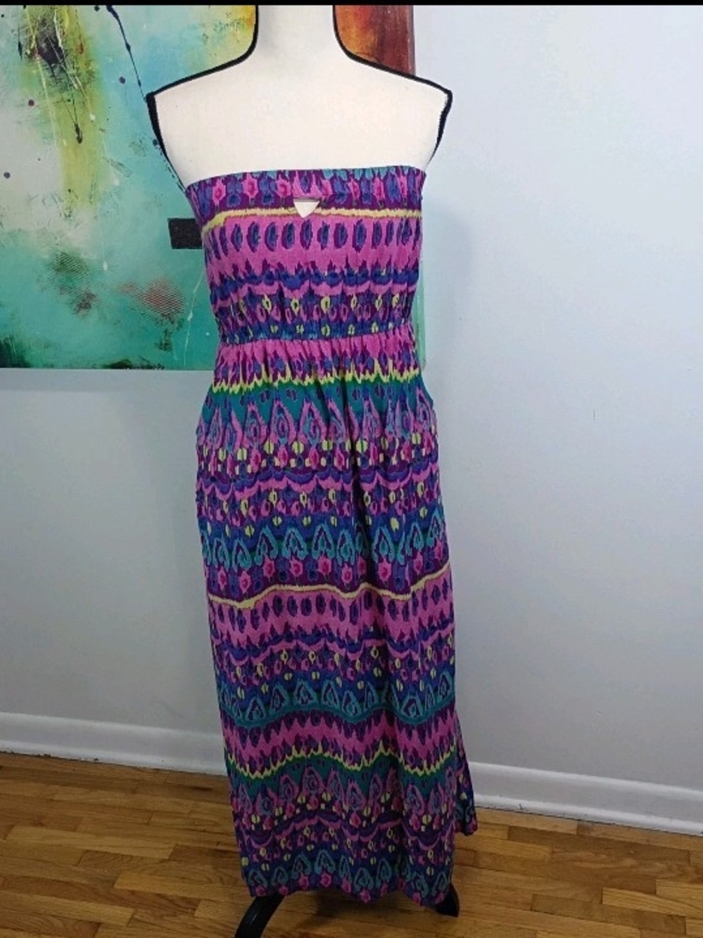 Angie Abstract Print Multicolor Boho Strapless Maxi Dress, Small